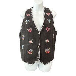 Vintage 90s Embroidered Cotton Vest M Gray Heart Flower Granny Cottage Country